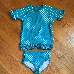 Ruffle Butts Blue and White Rashguard Swim Set